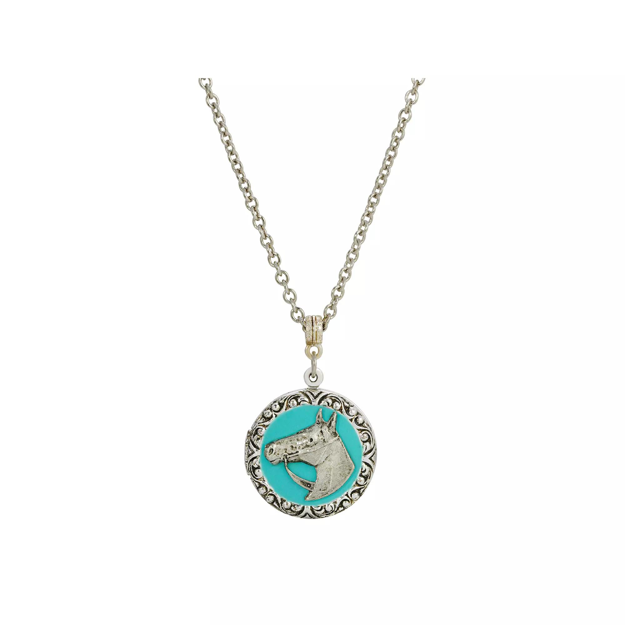 1928 Silver Tone Simulated Turquoise Enamel Horse Locket Necklace, Womens Product Image