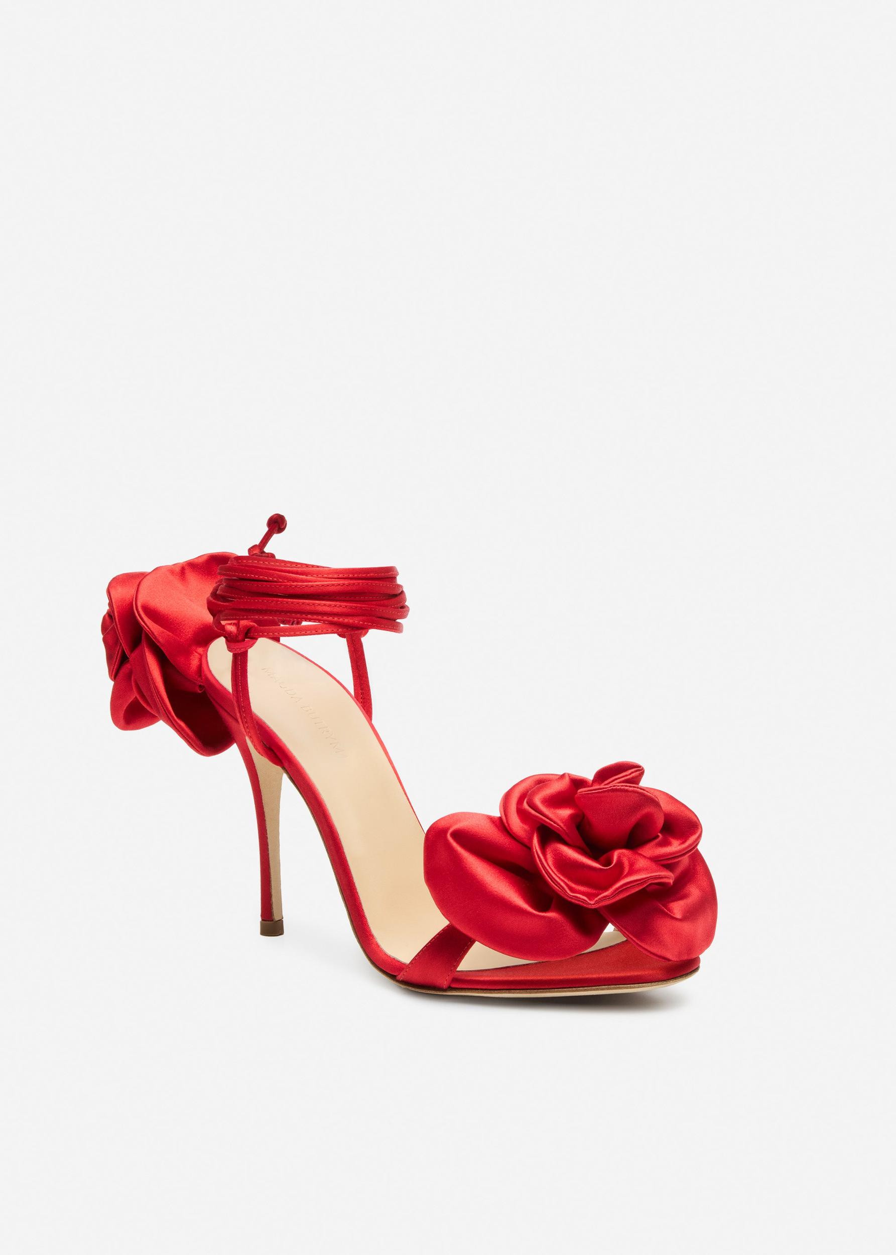 Wrap around double flower sandals in red satin Product Image