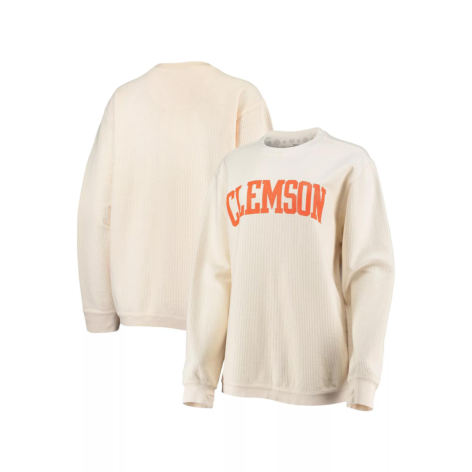 Women's Pressbox White Clemson Tigers Comfy Cord Vintage Wash Basic Arch Pullover Sweatshirt,  Product Image