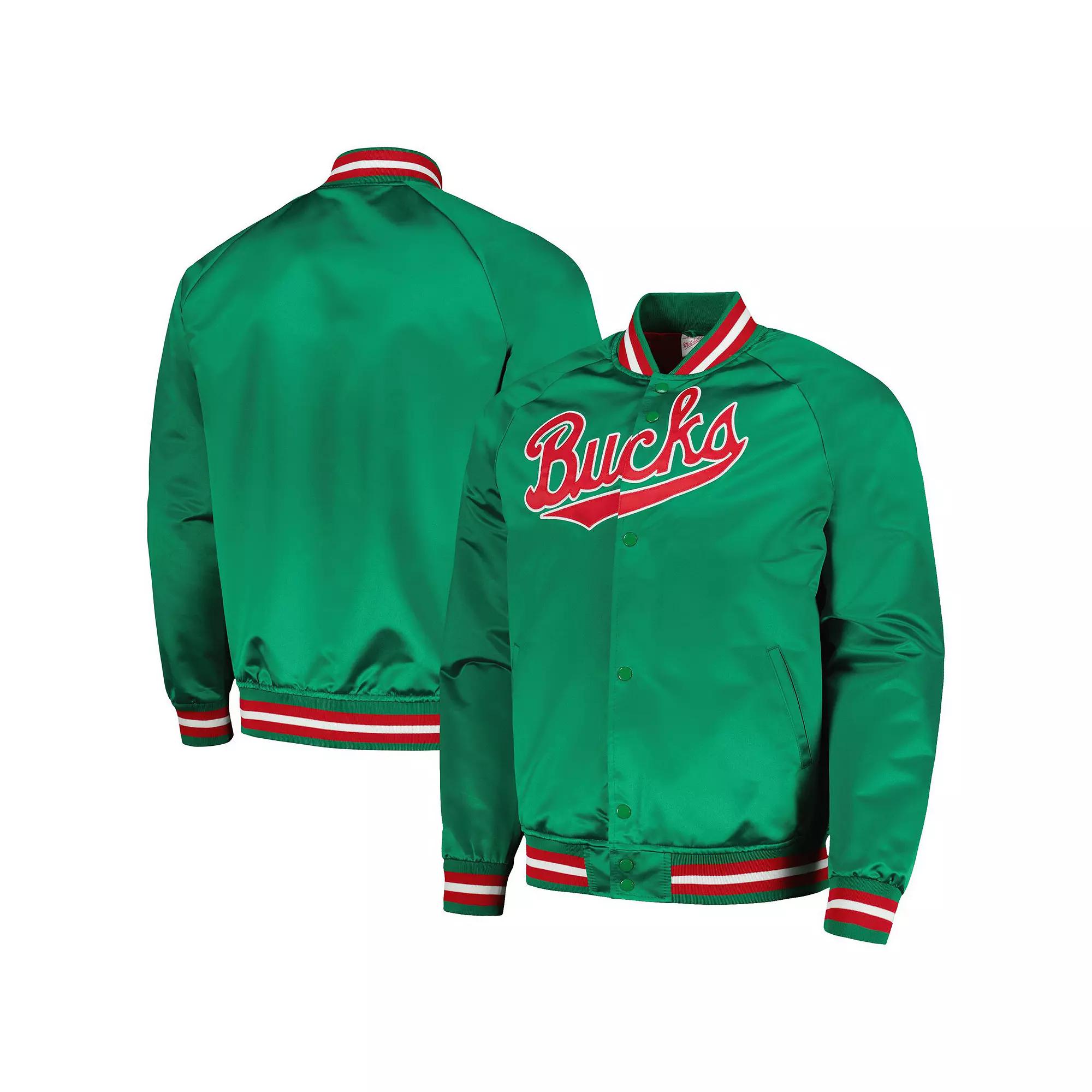 Men's Mitchell & Ness Green Milwaukee Bucks Hardwood Classics Throwback Wordmark Raglan Full-Snap Jacket,  Product Image