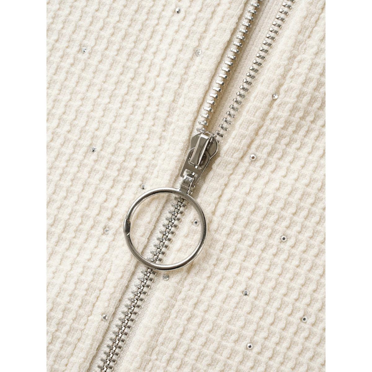 Plus Size Textured Rhinestone Hooded O Ring Zipper Sweatshirt Women Beige Casual Texture Hooded Everyday Sweatshirts BloomChic 18-20/2X Product Image