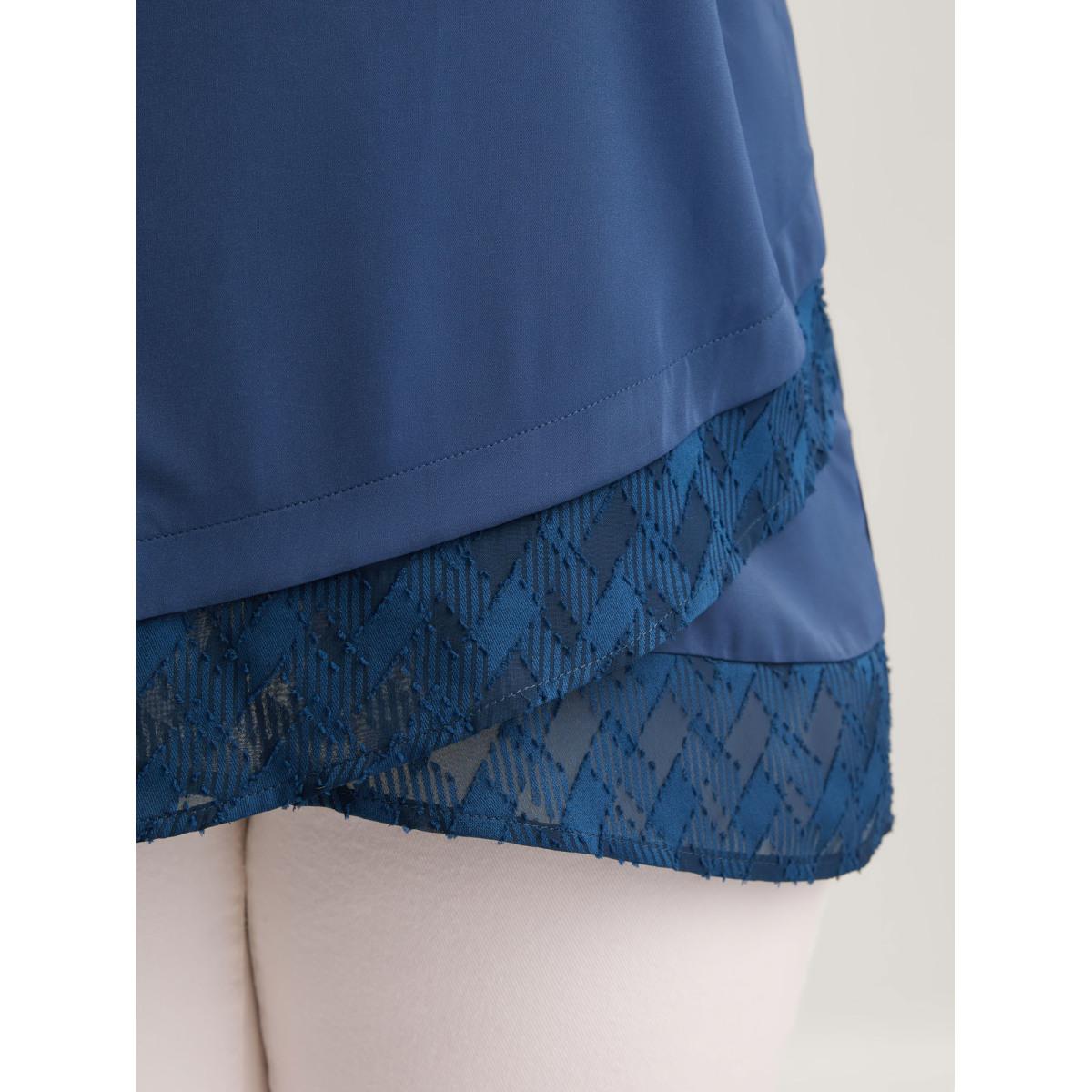 Plus Size Navy Textured Overlap Hem Sheer Blouse Women Short sleeve Round Neck Work Blouses BloomChic 26/4X Product Image