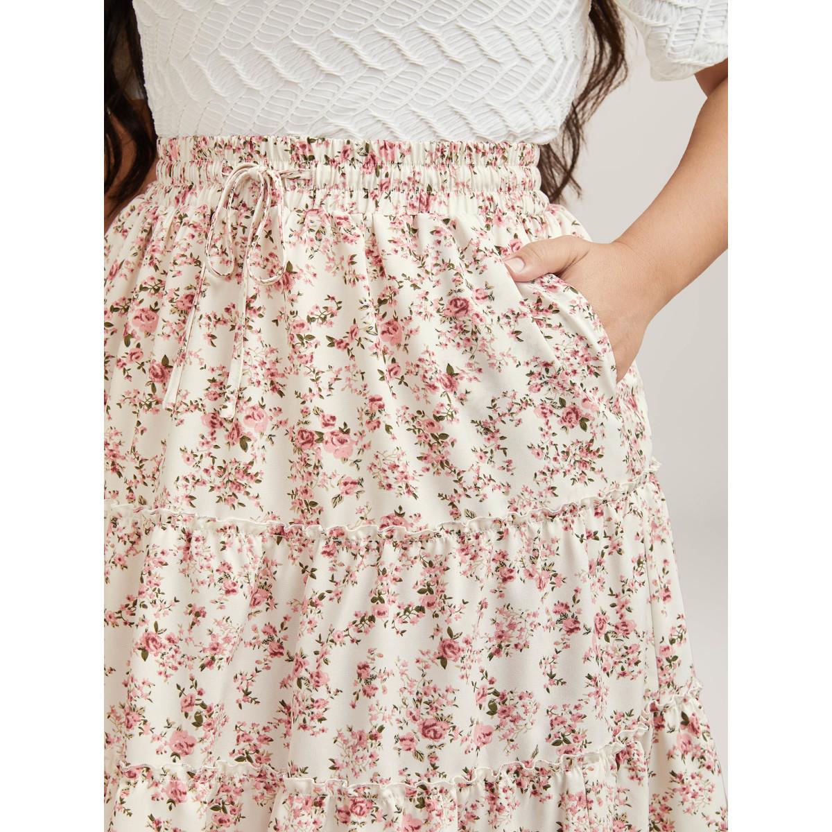 Plus Size Ditsy Floral Print Waist-Tie Midi Skirt Women Beige Elegant Gathered Low stretch Slanted pocket Everyday Skirts BloomChic 22-24/3X Product Image
