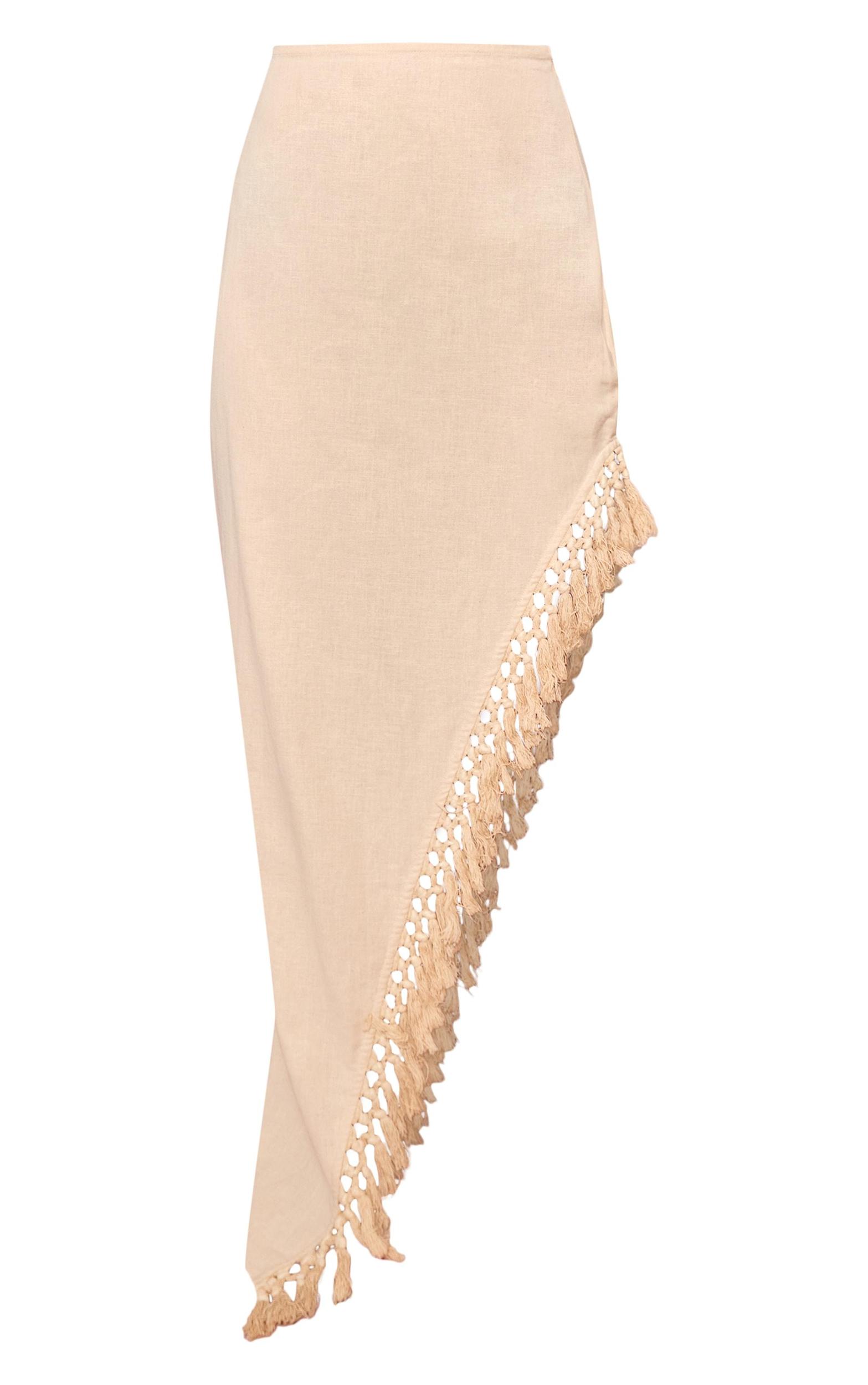 Beige Linen Look Tassel Hem Thigh Split Maxi Skirt Product Image