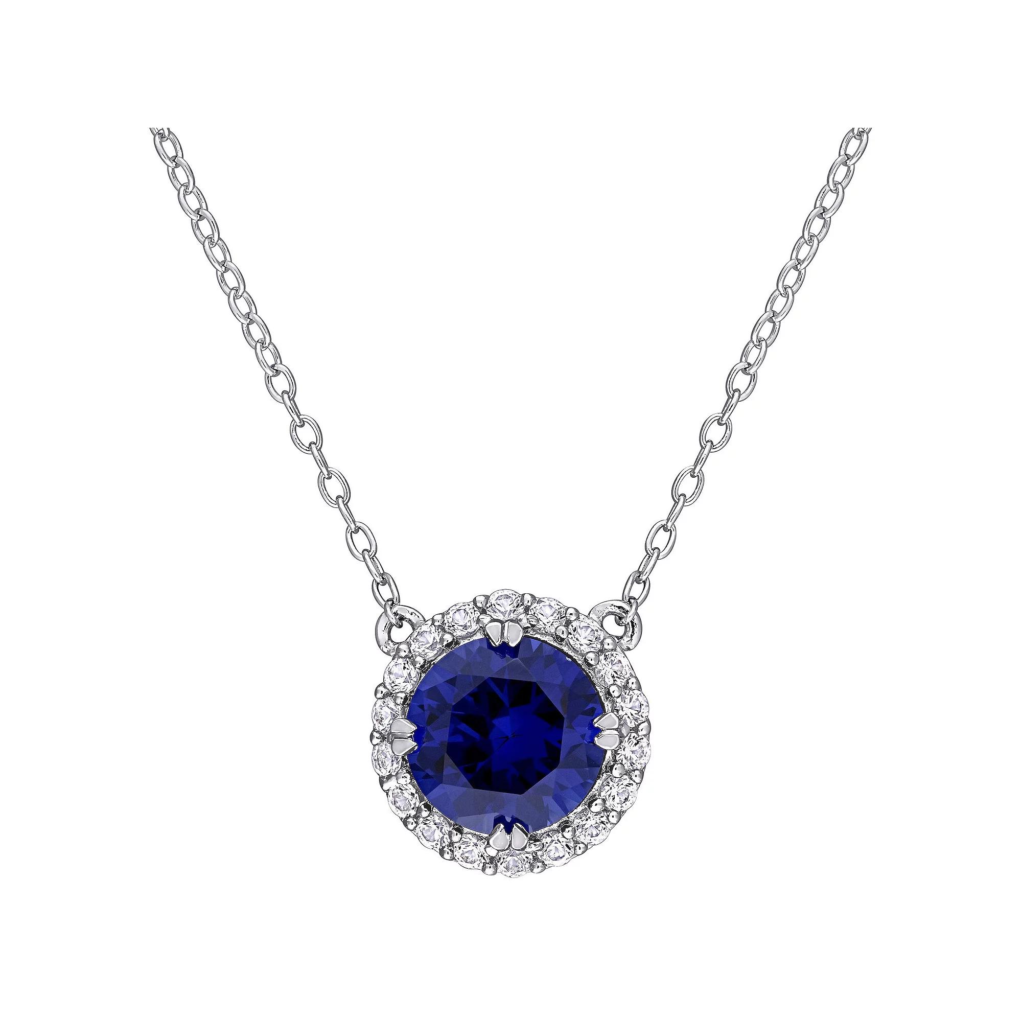 Stella Grace Sterling Silver Lab-Created Blue & White Sapphire Halo Necklace, Women's, Size: 18" Product Image