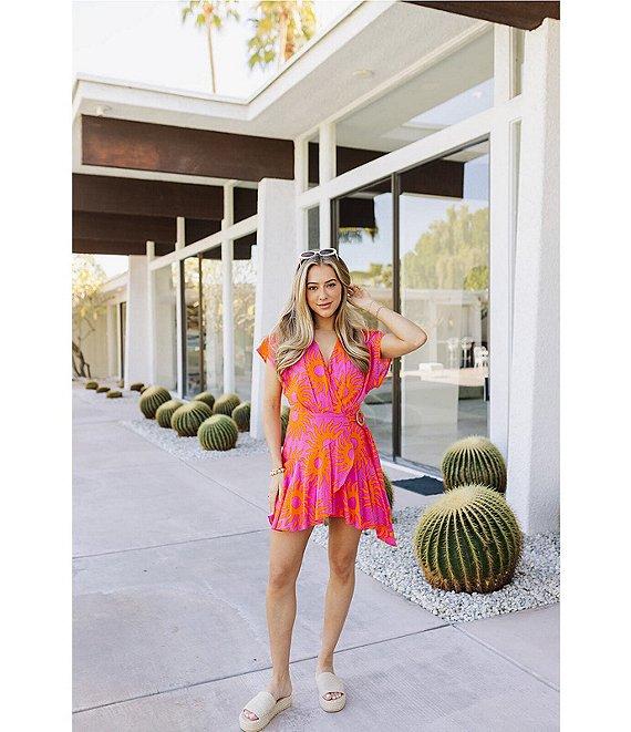 J.Marie Mara Sun Print V-Neck Short Flutter Sleeve Wrap Front Romper Product Image
