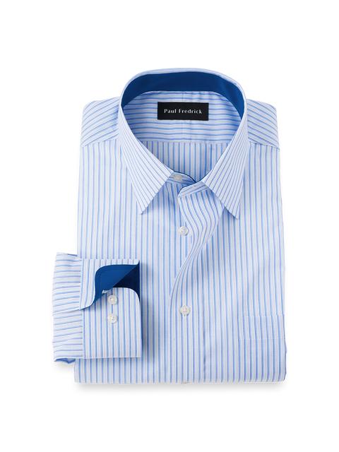 Non-Iron Cotton Stripe Dress Shirt With Contrast Trim - Blue Product Image