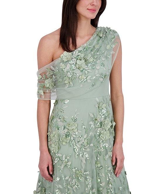 Eliza J Embroidered 3D Floral Print One-Shoulder Neck Sleeveless Caplet A-Line Gown Product Image
