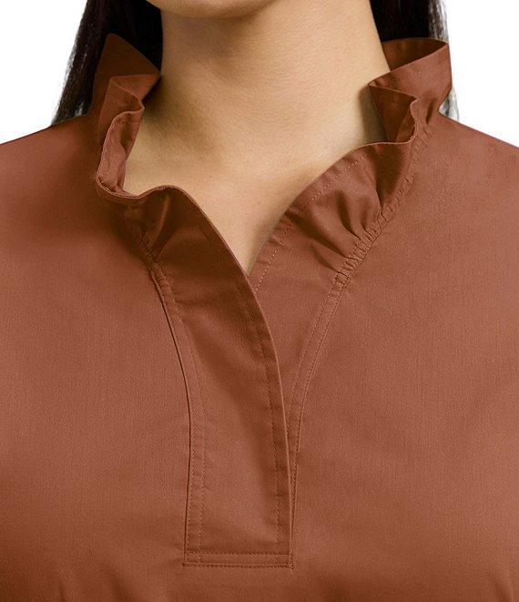 Foxcroft Plus Size Tammy Solid Non-Iron Ruffled Split V-Neck Long Turn-Up Cuff Sleeve Popover Shirt Product Image