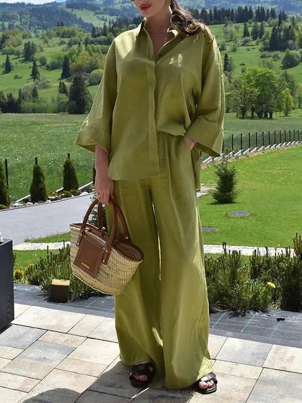 Loose Solid Color Split-Joint Split-Side Lapel Blouse + Elasticity Pleated Pants Trousers Two Pieces Set Product Image