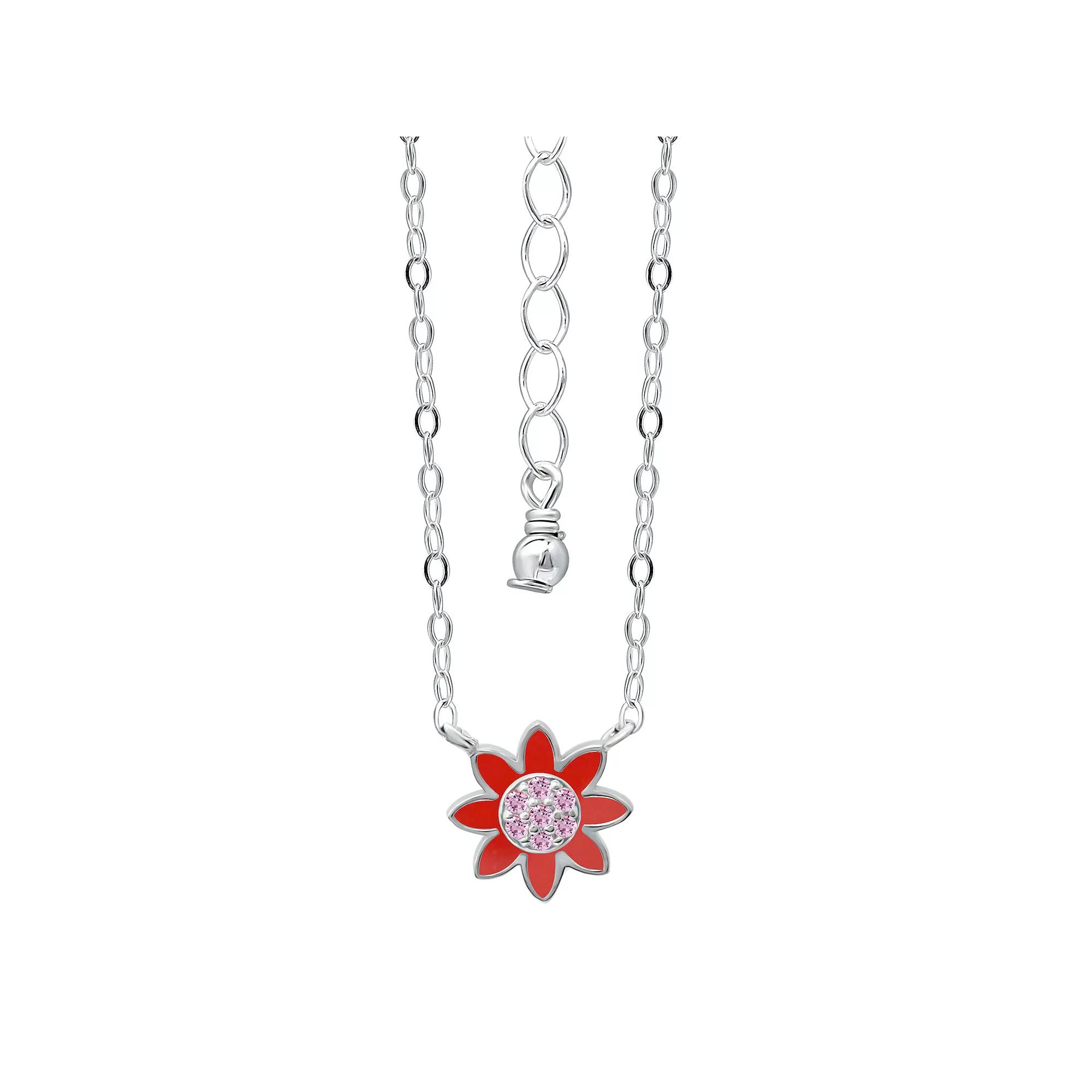 Aleure Precioso Sterling Silver Enamel & Cubic Zirconia Flower Necklace, Women's, Size: 16", Red Product Image
