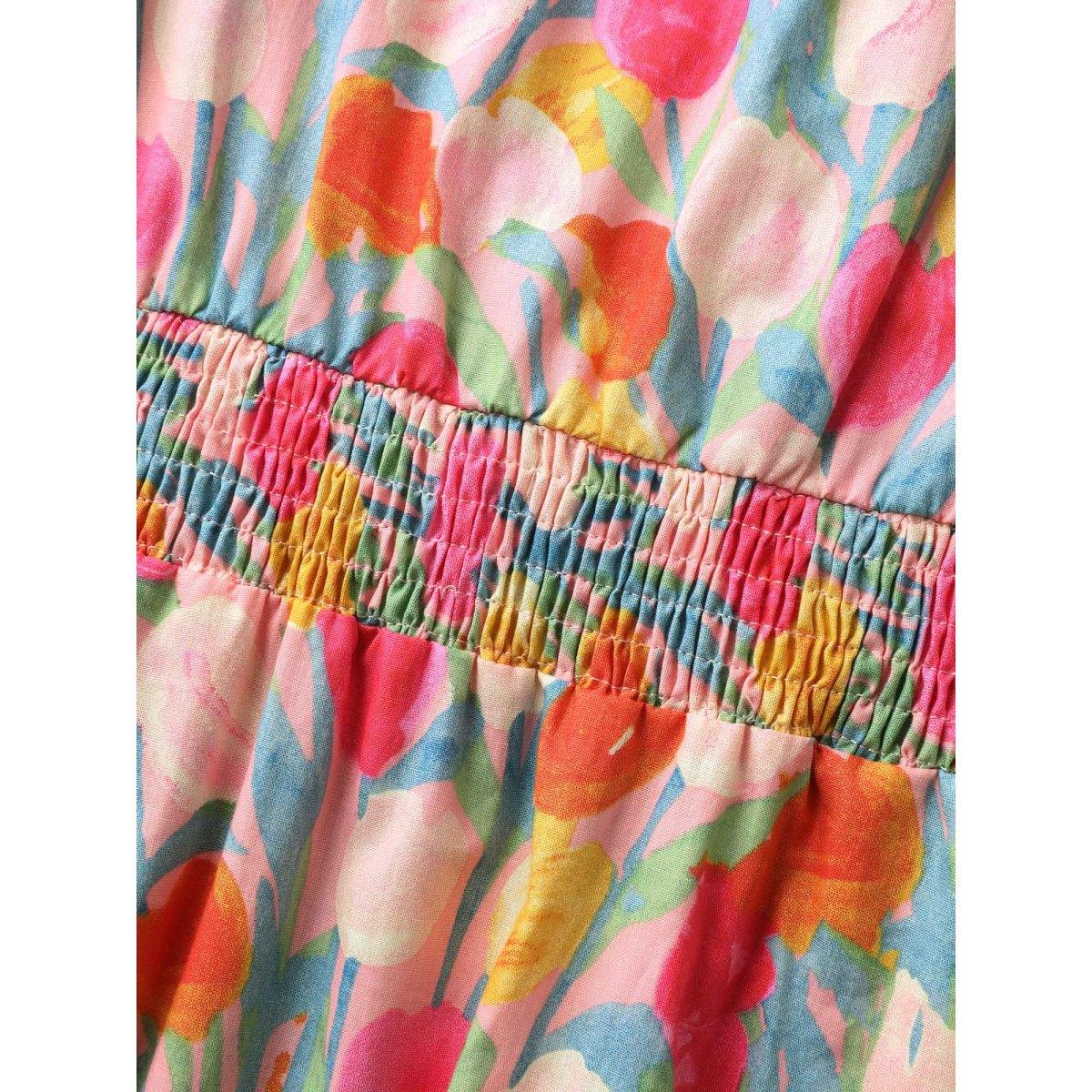 Plus Size Cotton Rosy Garden Shirred Waist Pockets Midi Dress Blush Women Playful Notched collar Short sleeve Curvy BloomChic 28/5X Product Image