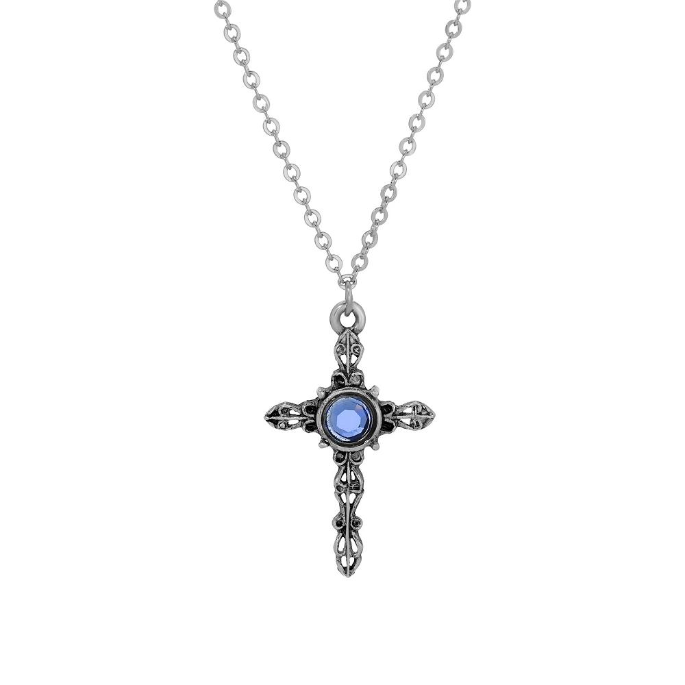 Symbols of Faith Silver Tone Cross With Center Blue Crystal Necklace 18, Womens Product Image