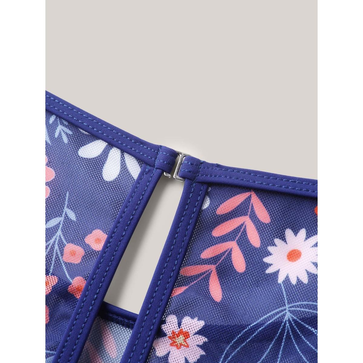 Plus Size Floral Print Mesh Very Stretchy Swim Dress Women's Swimwear Indigo Beach Bodycon Heart neckline High stretch Curve Swim Dresses BloomChic 26/4X Product Image