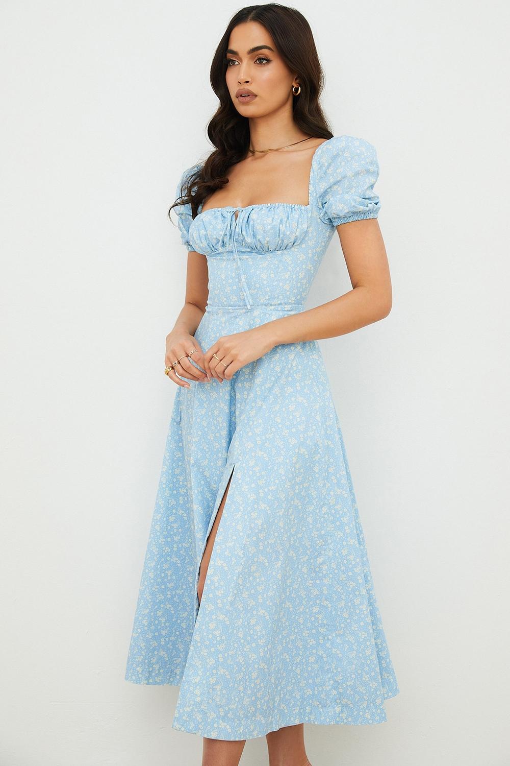 Tallulah  blue ivory floral puff sleeve midi dress Product Image