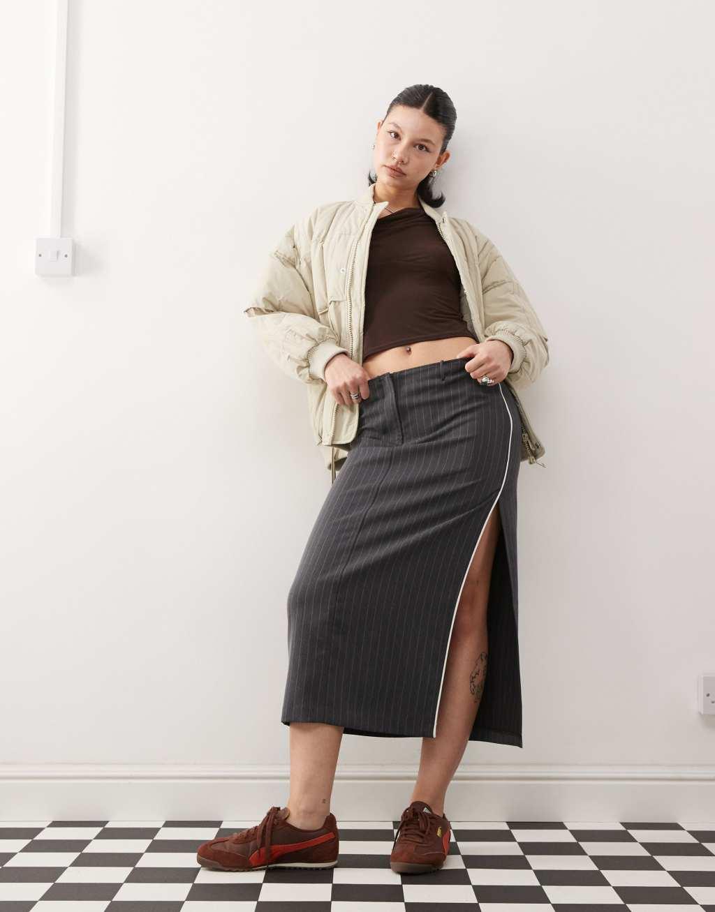 Monki maxi skirt with side split in gray pinstripe Product Image