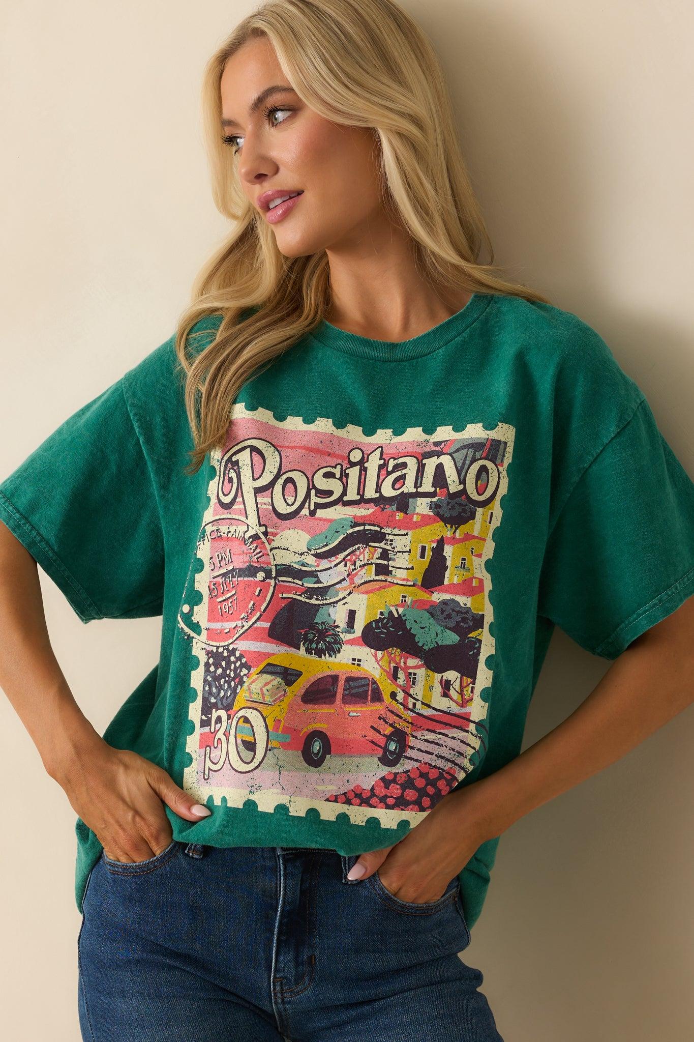 Sending Postcards Acid Wash Green Cotton Stamp Graphic Tee Product Image