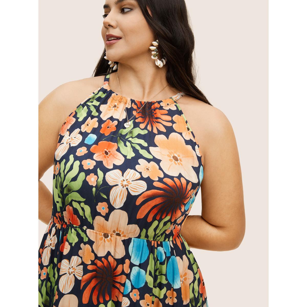 Plus Size Floral Printed Patchwork Side Seam Pocket Dress Indigo Women Resort Gathered Non Sleeveless Curvy BloomChic 26/4X Product Image