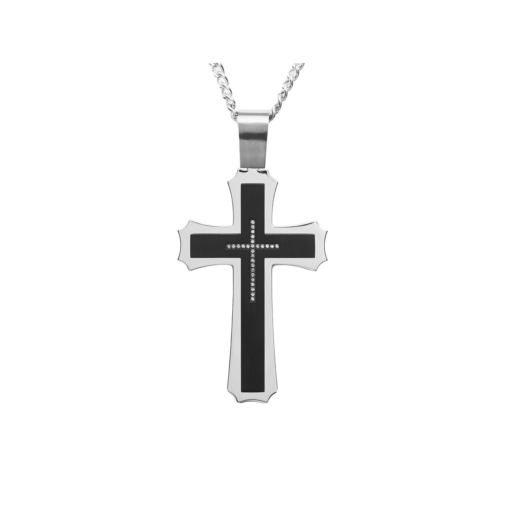 Stainless Steel and Black Immersion-Plated Stainless Steel Cubic Zirconia Cross Pendant - Men, Men's, Size: 24", Grey Product Image