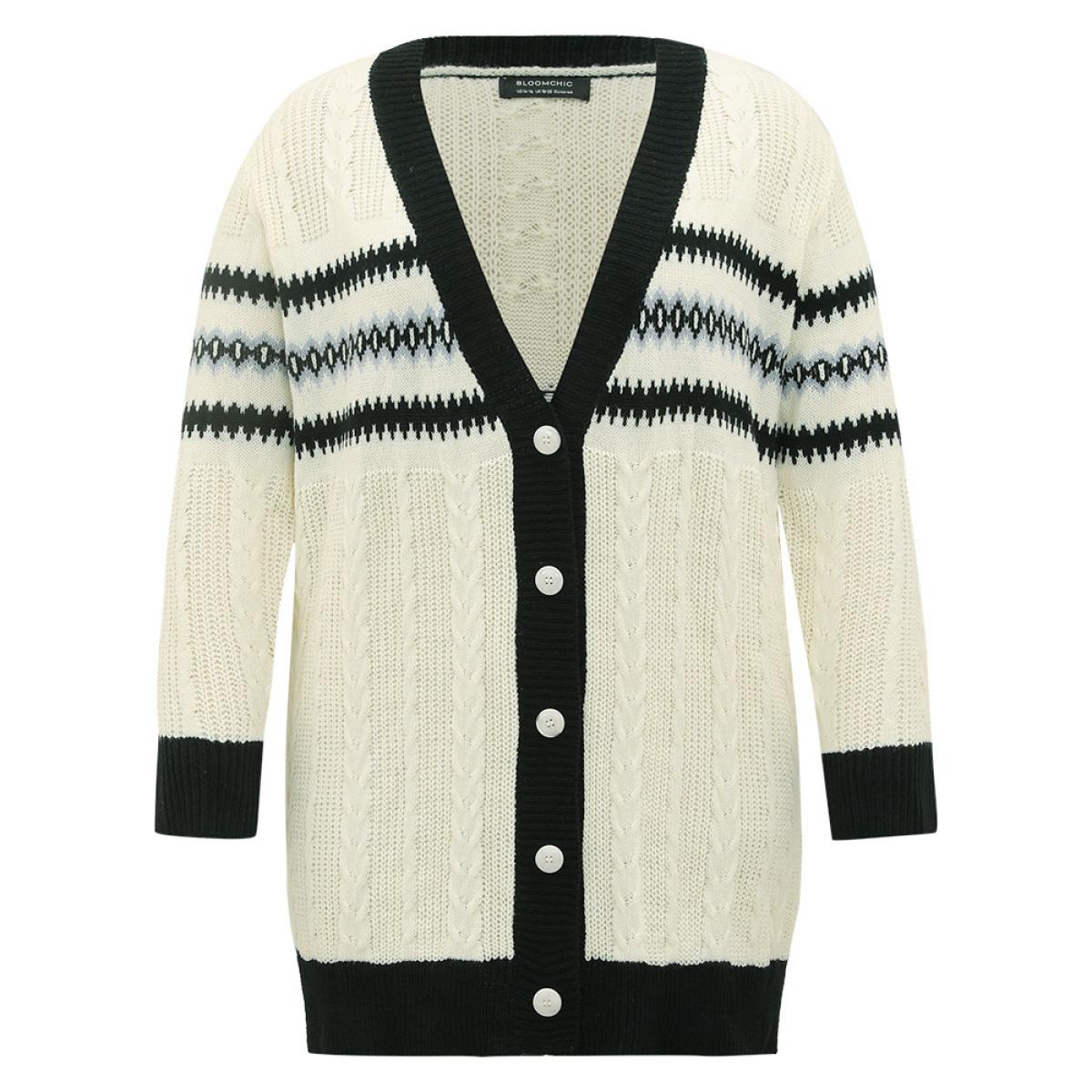 Plus Size Cable Knit Striped Geo Button Fly Cardigan Beige Women Casual Loose Long Sleeve Dailywear Cardigans BloomChic 10/M Product Image