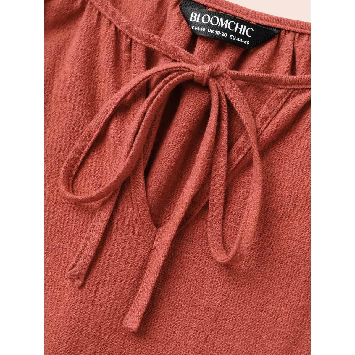 Plus Size Rust Broderie Anglaise Gathered Tie Knot Blouse Women Resort Elbow-length sleeve Round Neck Vacation Blouses BloomChic 28/5X Product Image
