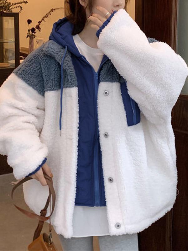 Patchwork Button Down Fleece Hooded Jacket Product Image