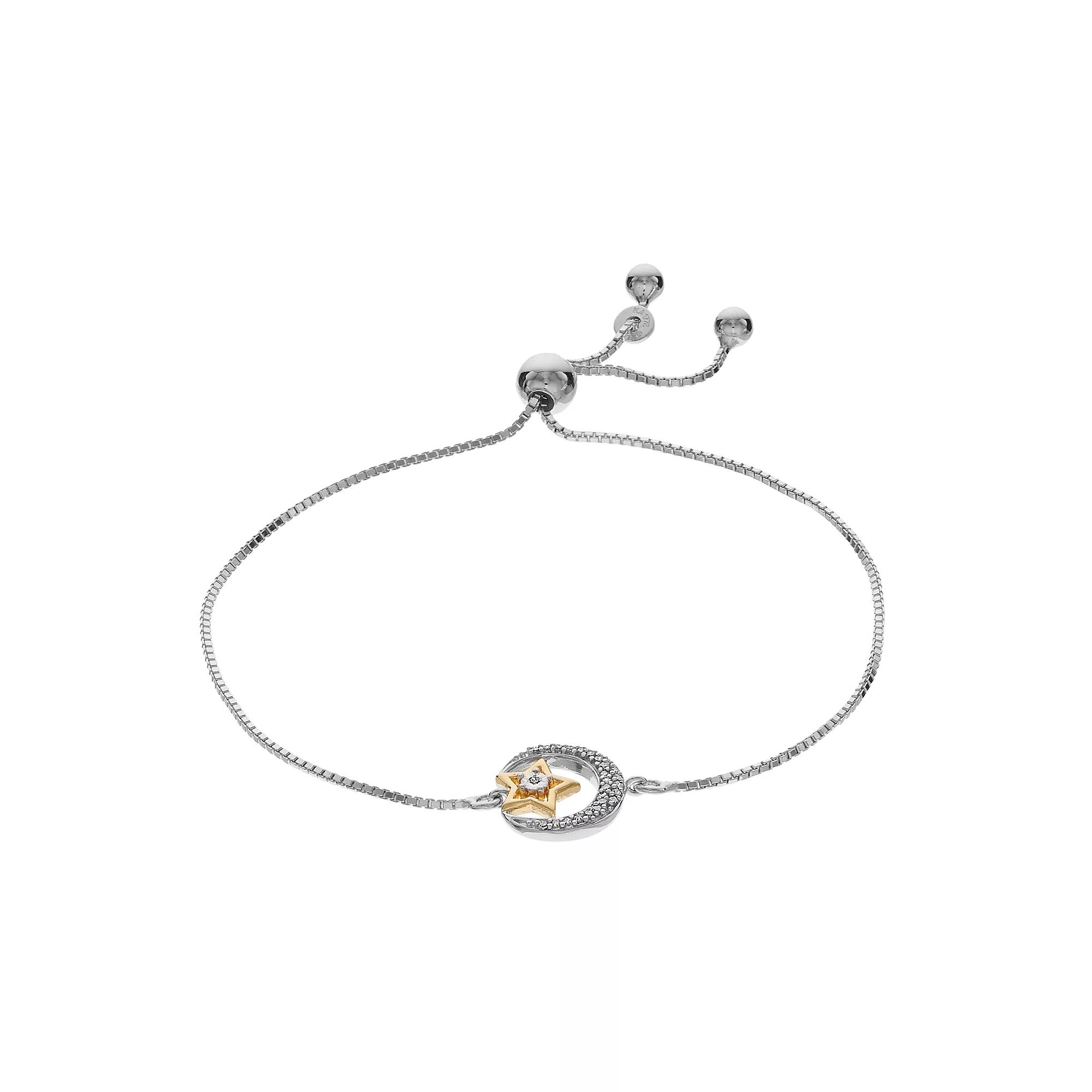 Sterling Silver Two Tone 1/10 Carat T.W. Diamond Moon & Star Adjustable Bracelet, Women's, Size: 9.50 Product Image