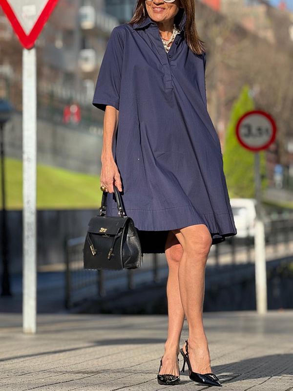 A-Line Short Sleeves Solid Color Split-Joint Lapel Mini Dresses Shirt Dress Product Image