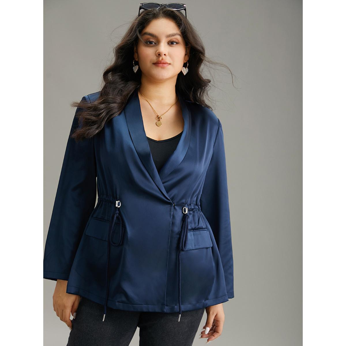 Plus Size Suit Collar Flap Pocket Drawstring Ties Blazer DarkBlue Women Office Plain Plain Sleeve Long Sleeve Suit Collar 22-24/3X Pocket Work From Home Blazers BloomChic Product Image