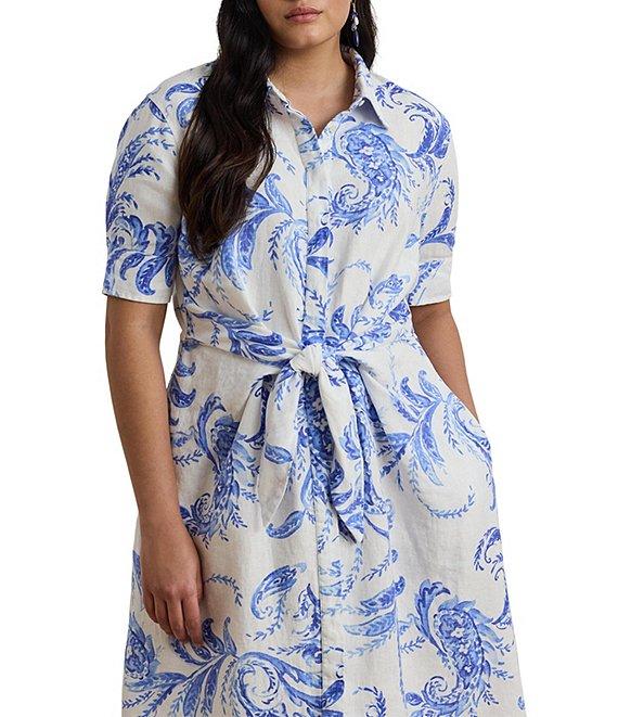 Lauren Ralph Lauren Plus Size Paisley Tie-Front Linen Shirtdress Product Image