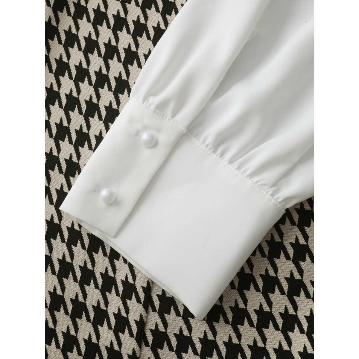 Plus Size Houndstooth Layered Ruffled Knee Dress LightBrown Women Romantic Patchwork Shirt collar Long Sleeve Curvy BloomChic 12/L Product Image