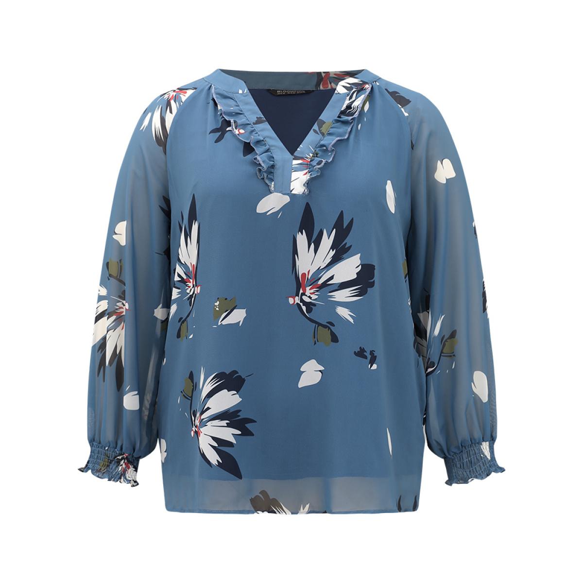 Plus Size Cerulean Floral Print Shirred Ruffles Mesh Blouse Women Elegant Long Sleeve V-neck Dailywear Blouses BloomChic 14-16/1X Product Image