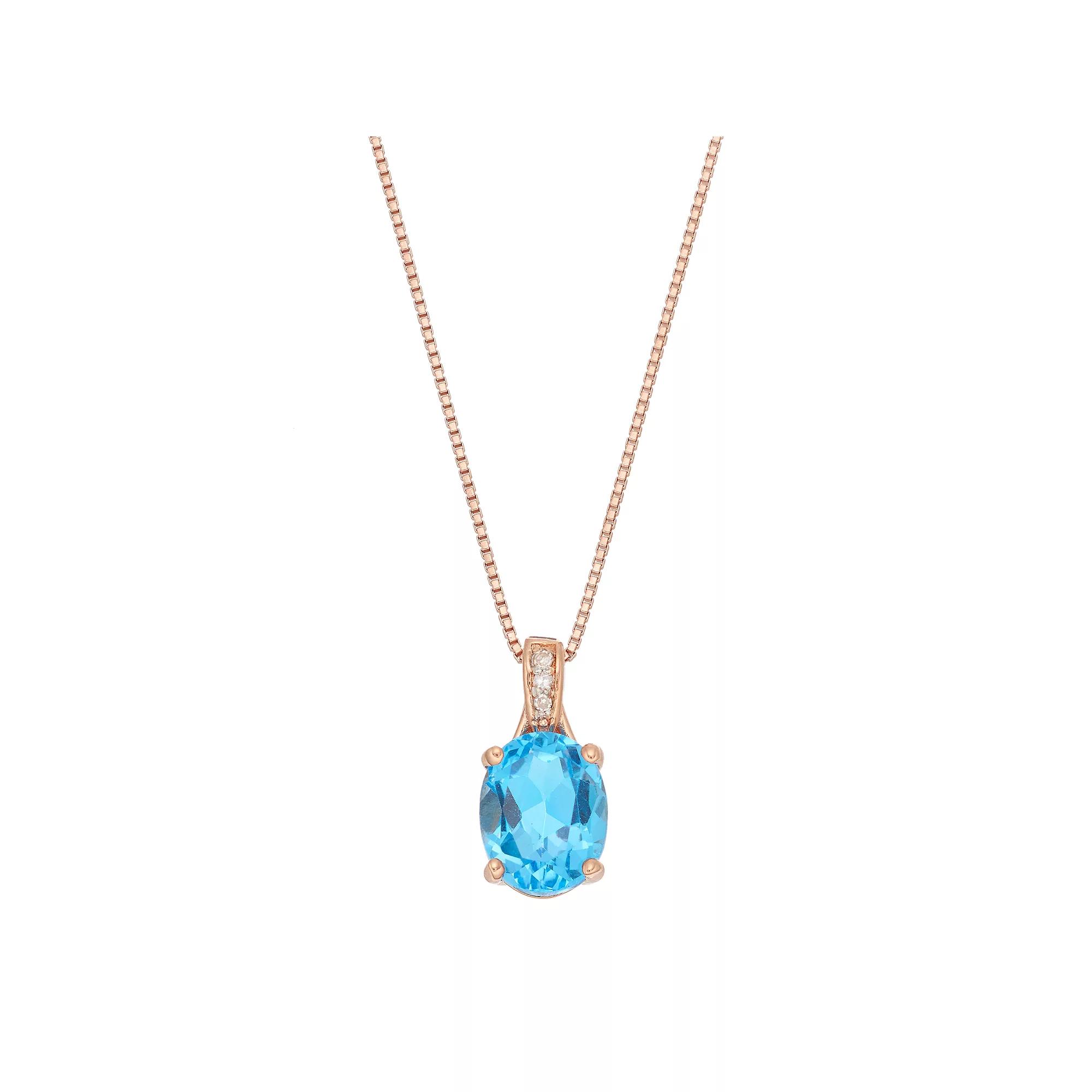 Gemminded 14k Rose Gold Over Silver Blue Topaz & Diamond Accent Oval Pendant, Women's,  Product Image