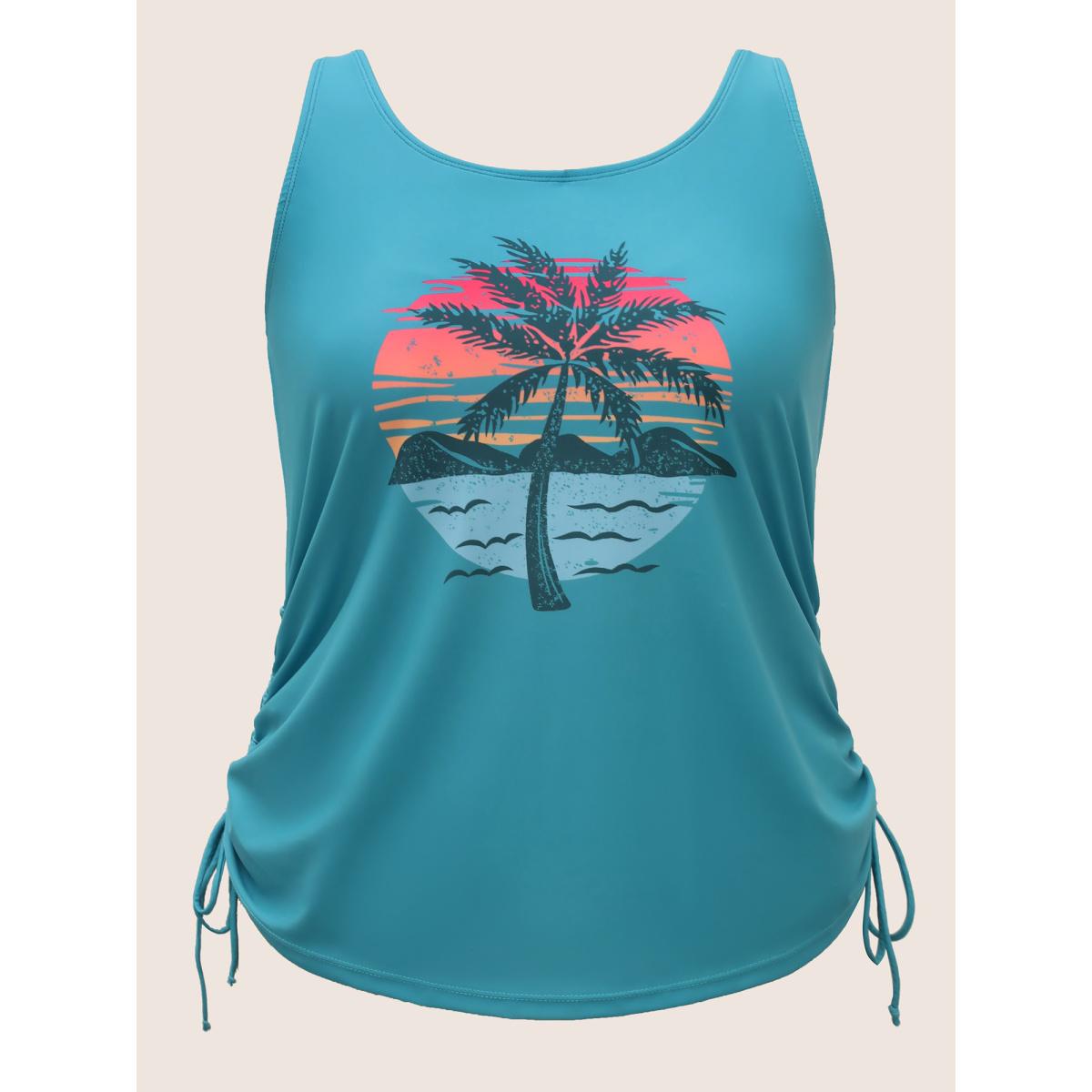 Plus Size Island Print Drawstring Adjustable Swim Top Women's Swimwear Teal Resort Contrast High stretch Loose U-neck Curve Swim Tops BloomChic 12/L Product Image