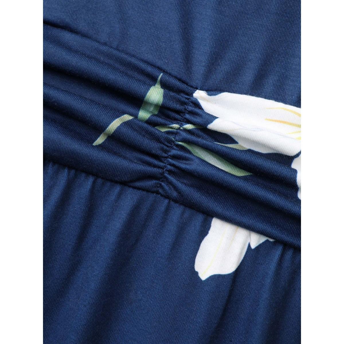 Plus Size Floral Surplice Neck Pleated Midi Dress Navy Women Casual Gathered Overlap Collar Short sleeve Curvy BloomChic 26/4X Product Image