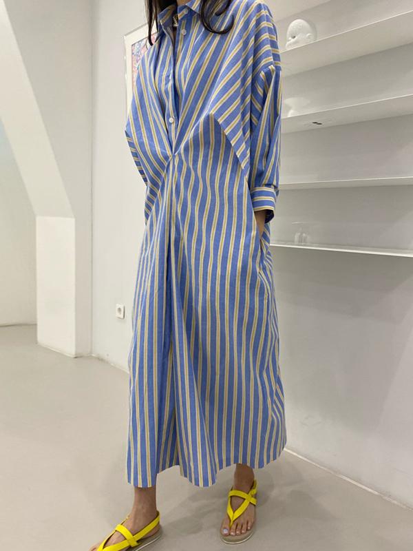 Long Sleeves Loose Buttoned Contrast Color Pockets Striped Lapel Midi Dresses Shirt Dress Product Image
