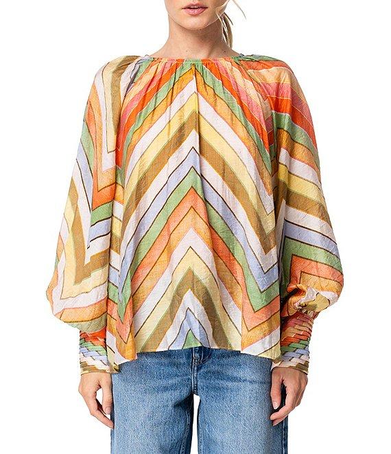 CIEBON Rileigh Chevron Stripe Print Round Neck Long Sleeve Blouse Product Image
