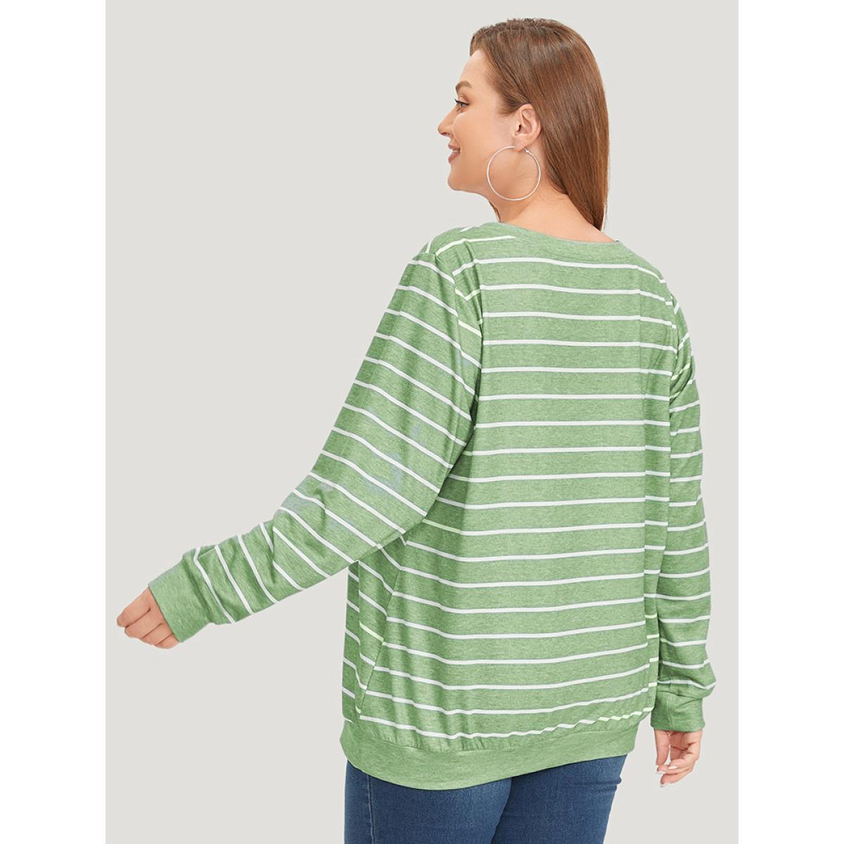 Plus Size Striped Print V Neck Sweatshirt Women Green Casual V-neck Dailywear Sweatshirts BloomChic 12/L Product Image