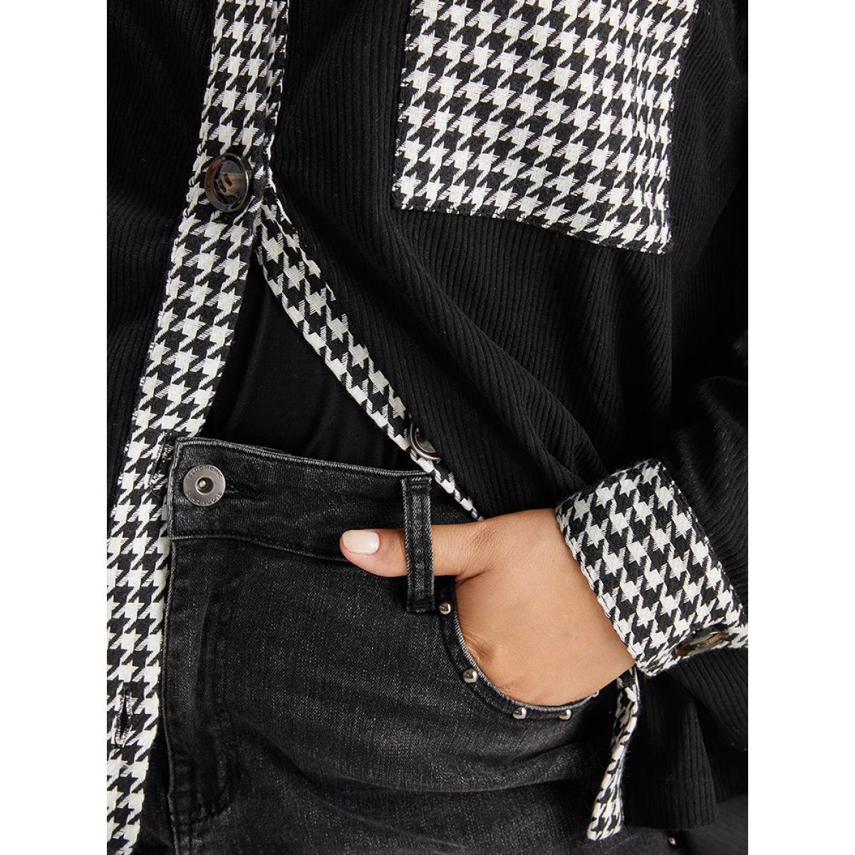 Plus Size Houndstooth Patchwork Pocket Button Through Corduroy Coat Women Black Casual Contrast Ladies Dailywear Winter Coats BloomChic 22-24/3X Product Image