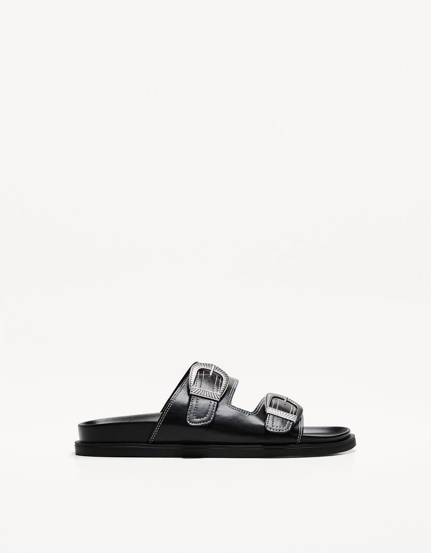 buckled flat slider sandals Product Image