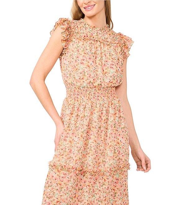 CeCe Floral Print Ruffle Crew Neck Cap Sleeve Smocked Waist Midi A-Line Dress Product Image