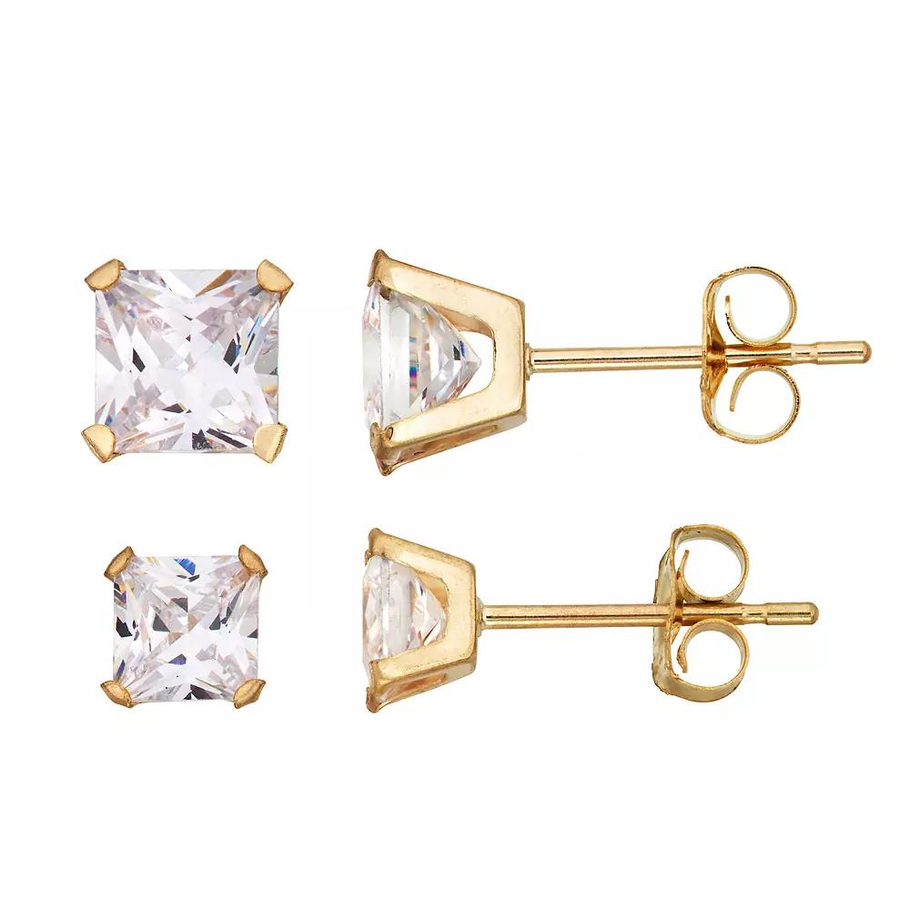Taylor Grace 10k Gold Cubic Zirconia Square Stud Earring Set, Women's Product Image