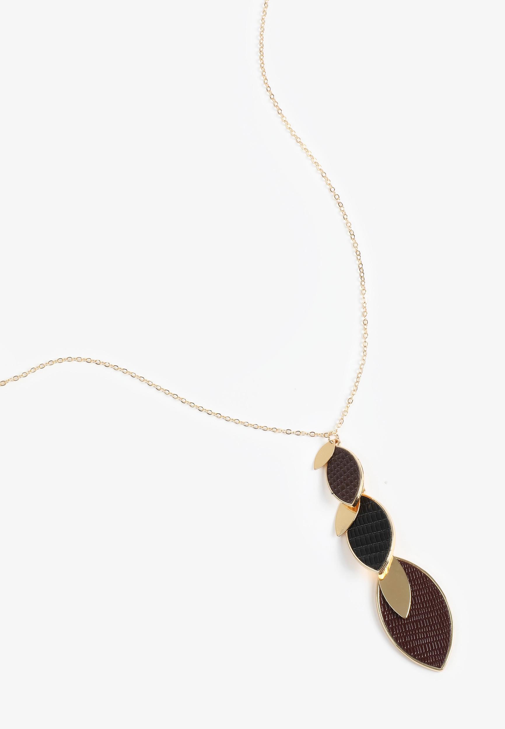 Faux Leather Black And Brown Leaf Linear Pendant Necklace Product Image