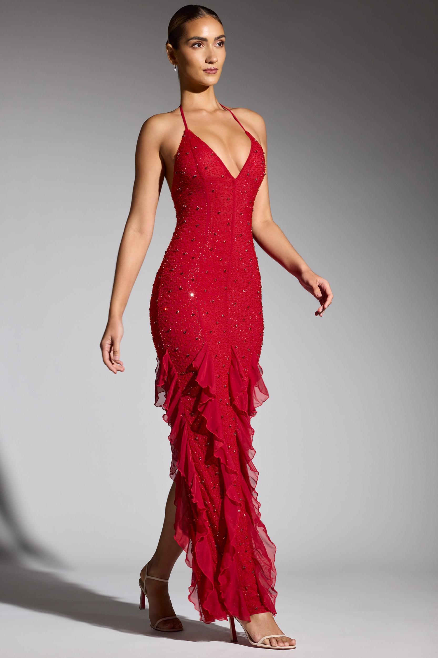 Embellished Halter Neck Ruffle Maxi Dress in Red Product Image