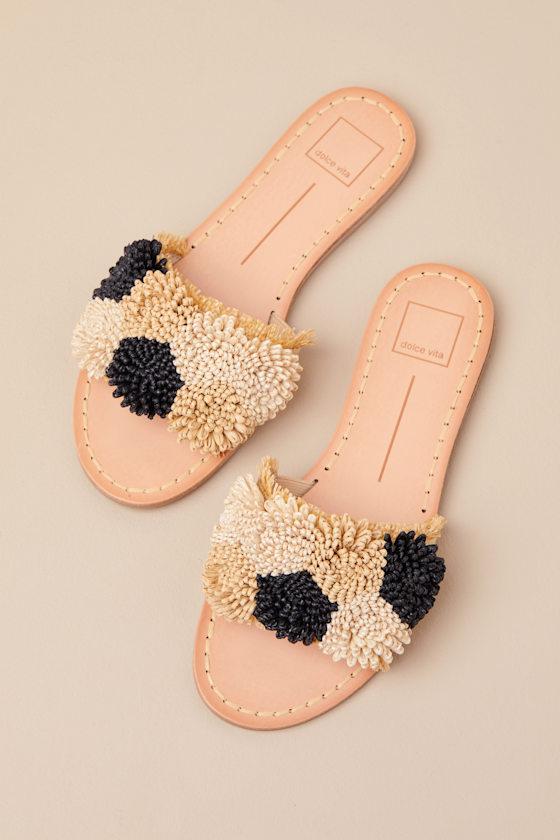Danela Black and Natural Raffia Slide Sandals Product Image
