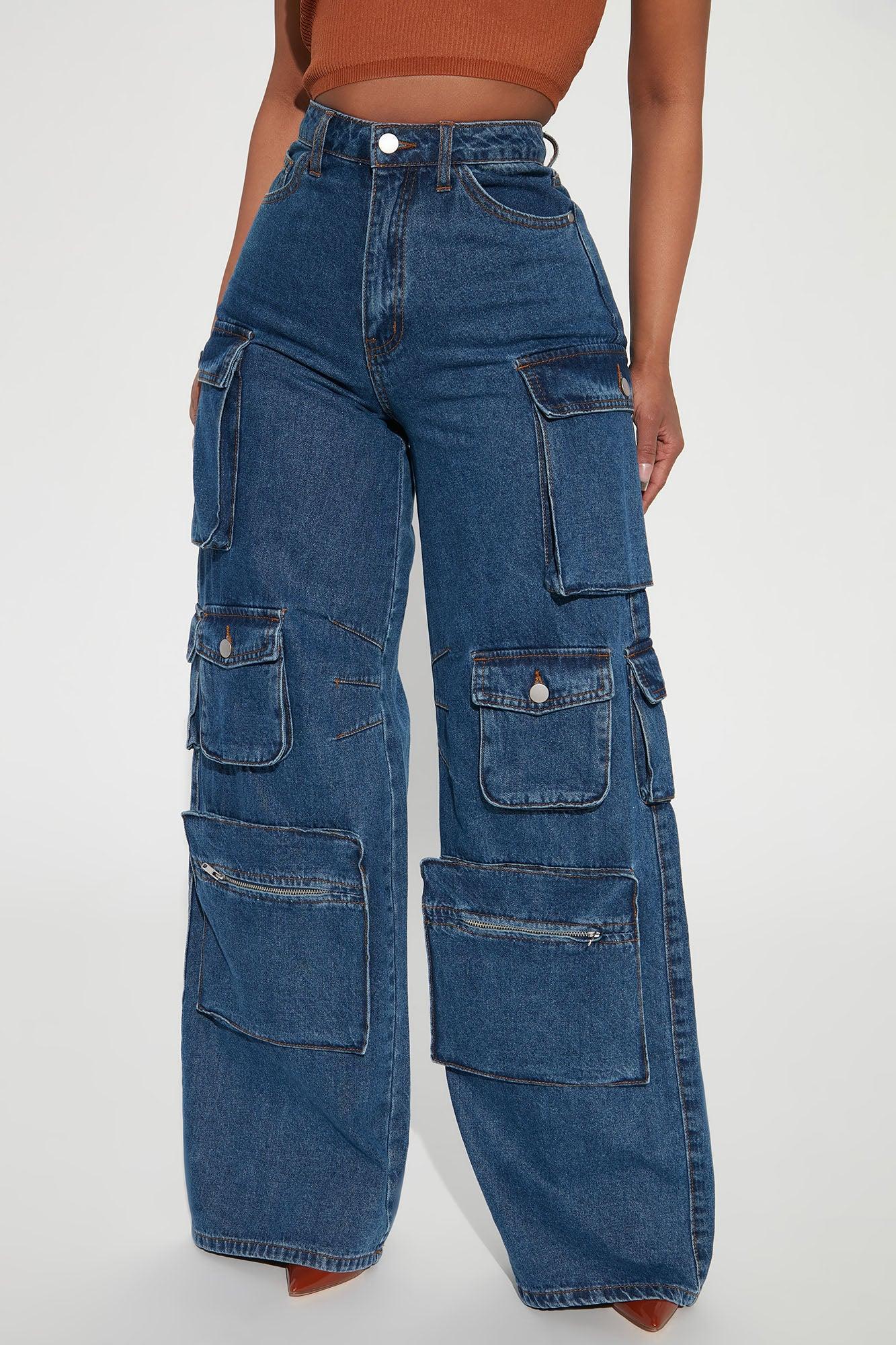 Lily High Rise Cargo Jeans - Medium Blue Wash Product Image