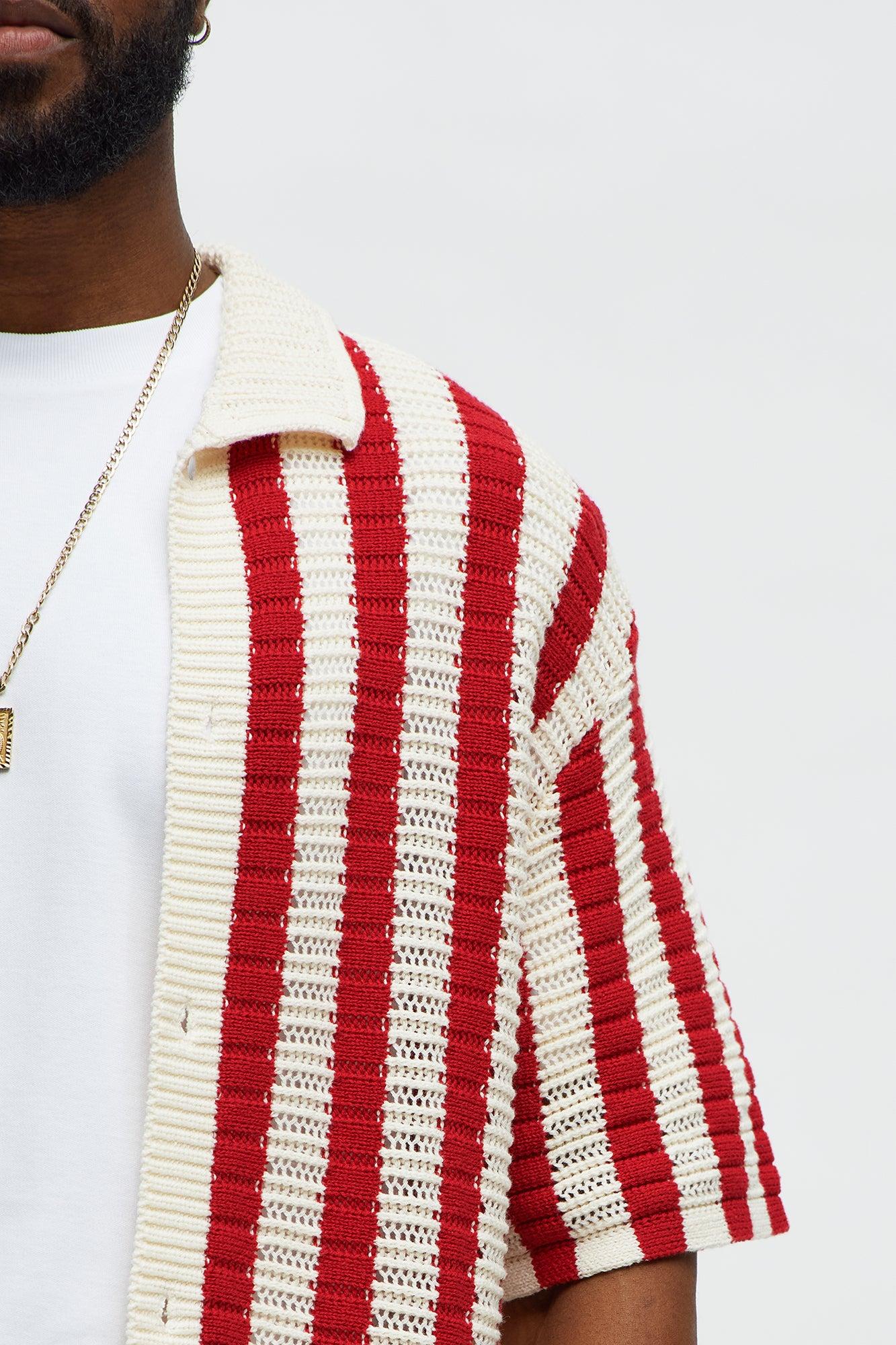 Clark Striped Knit Button up Shirt - Red/combo Product Image