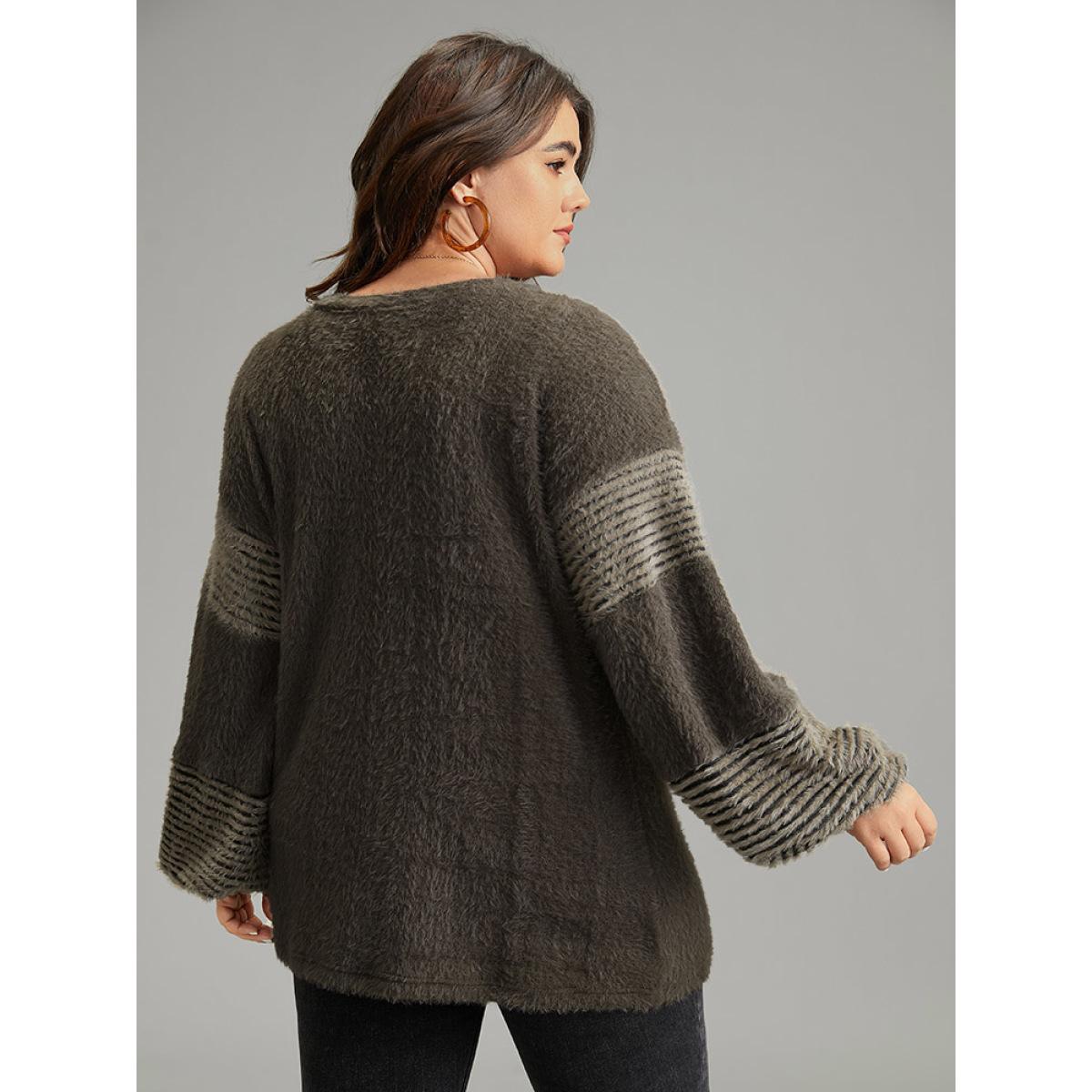 Plus Size Striped Patchwork Lantern Sleeve Fluffy Sweatshirt Women DarkBrown Casual Loose Round Neck Dailywear Sweatshirts BloomChic 10/M Product Image