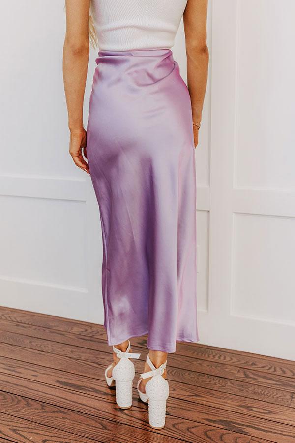 The Tiffany High Waist Satin Midi Skirt in Lavender Product Image