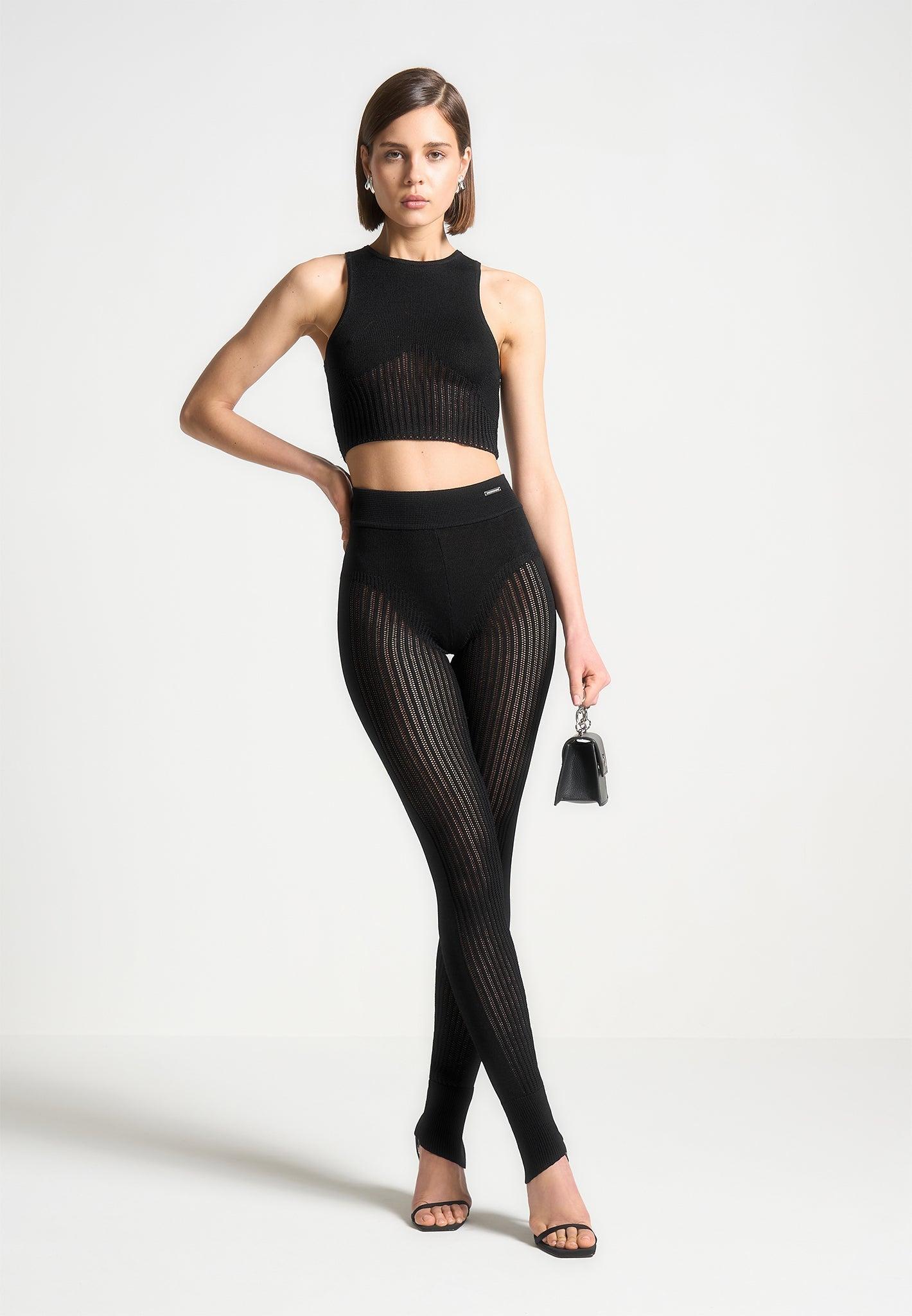 Knitted High Waisted Leggings - Black Female Product Image